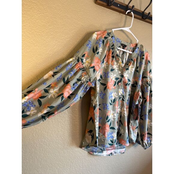 Frye Last Dance Floral Teal Combo Womens Blouse Medium Green NWT - Picture 2 of 5